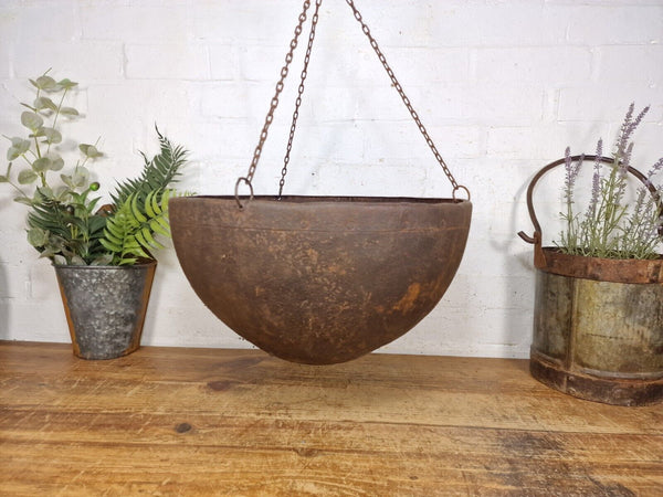 Vintage Indian Rustic Riveted Iron Metal Plant Pot Garden Planter Hanging Basket