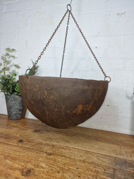 Vintage Indian Rustic Riveted Iron Metal Plant Pot Garden Planter Hanging Basket