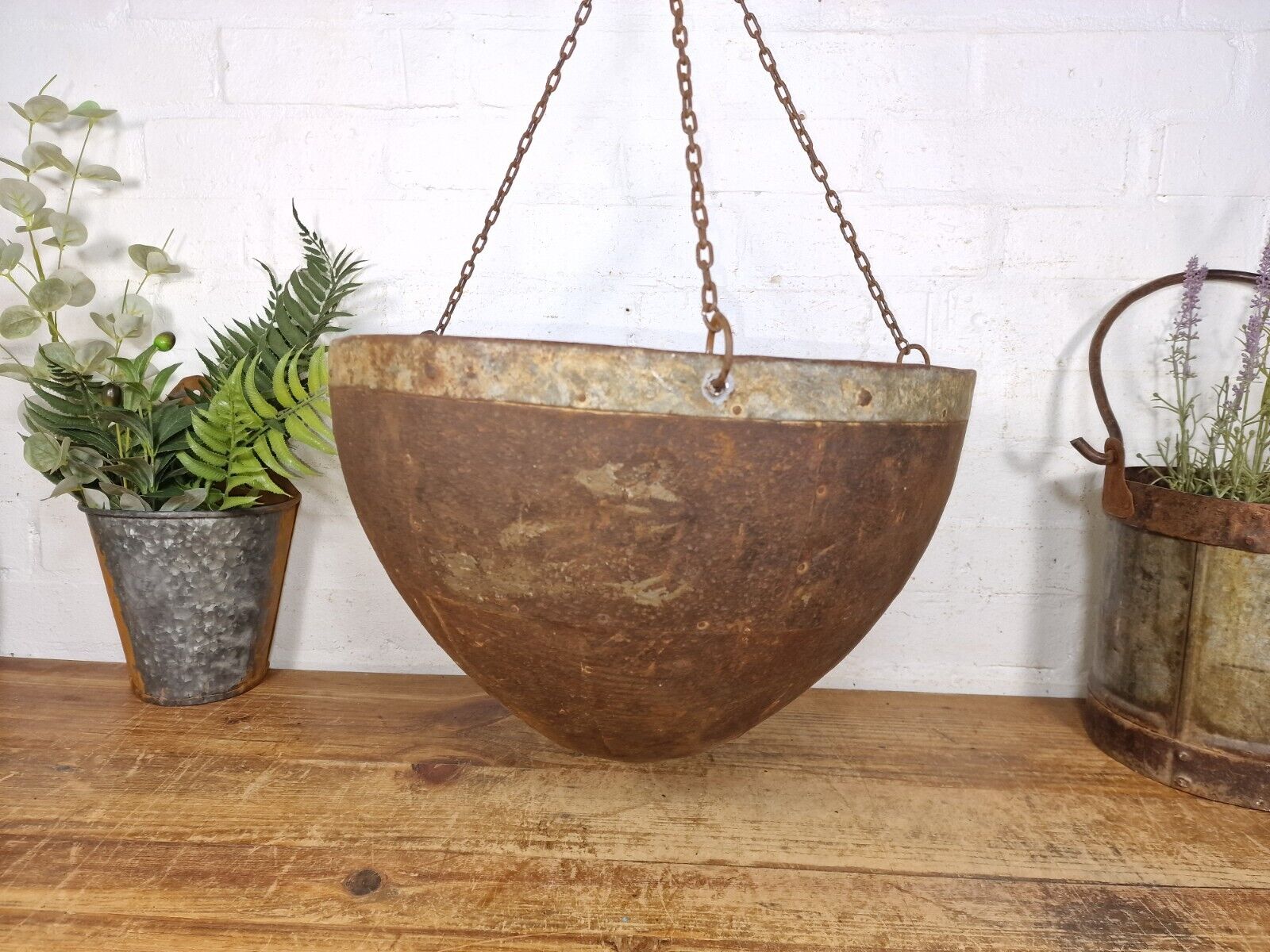 Vintage Indian Rustic Riveted Iron Metal Plant Pot Garden Planter Hanging Basket