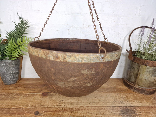 Vintage Indian Rustic Riveted Iron Metal Plant Pot Garden Planter Hanging Basket