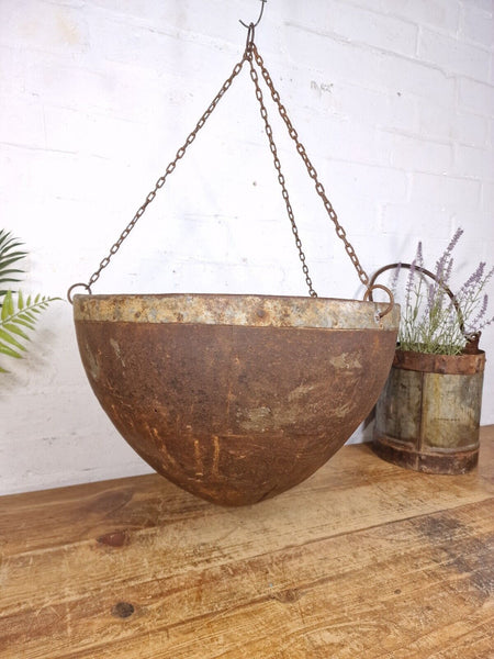 Vintage Indian Rustic Riveted Iron Metal Plant Pot Garden Planter Hanging Basket