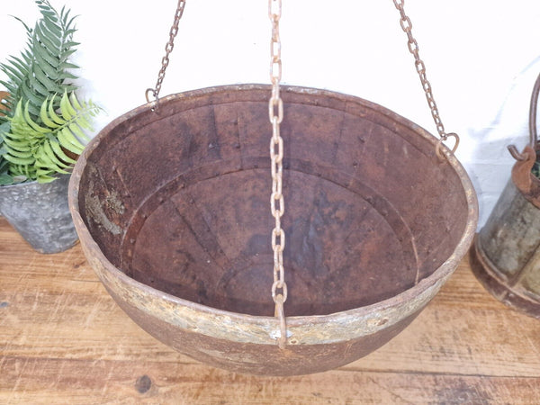 Vintage Indian Rustic Riveted Iron Metal Plant Pot Garden Planter Hanging Basket