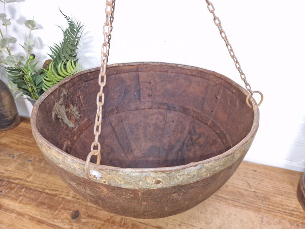 Vintage Indian Rustic Riveted Iron Metal Plant Pot Garden Planter Hanging Basket