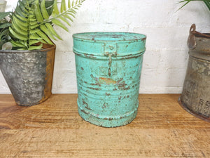 Vintage Indian Industrial Galvanised Metal Rice Grain Storage Drum Bin Cannister