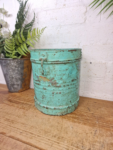 Vintage Indian Industrial Galvanised Metal Rice Grain Storage Drum Bin Cannister