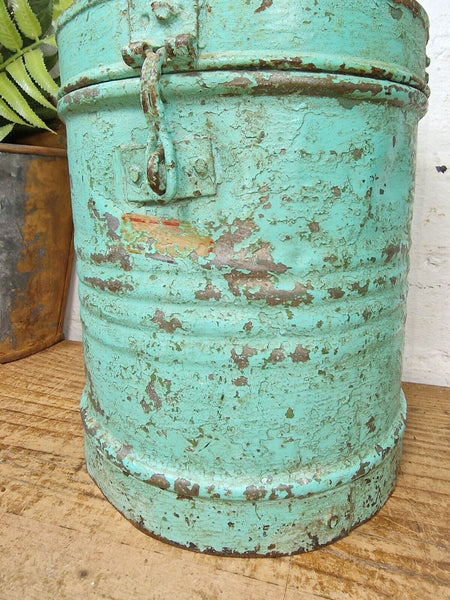 Vintage Indian Industrial Galvanised Metal Rice Grain Storage Drum Bin Cannister