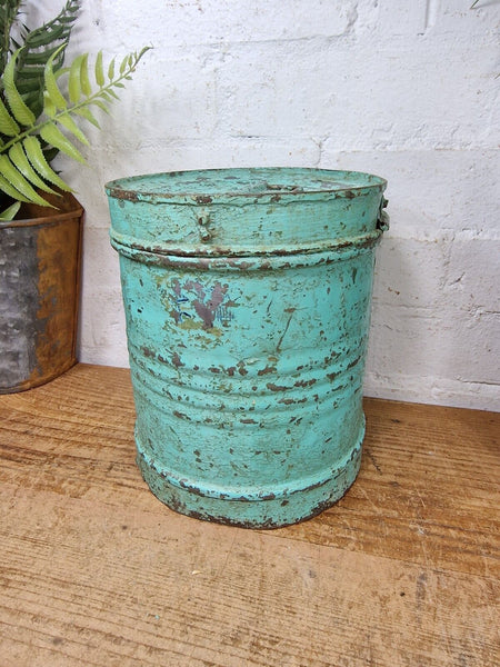 Vintage Indian Industrial Galvanised Metal Rice Grain Storage Drum Bin Cannister