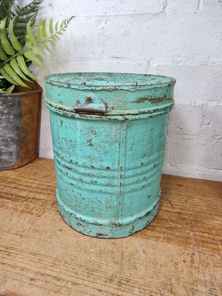 Vintage Indian Industrial Galvanised Metal Rice Grain Storage Drum Bin Cannister