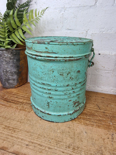 Vintage Indian Industrial Galvanised Metal Rice Grain Storage Drum Bin Cannister