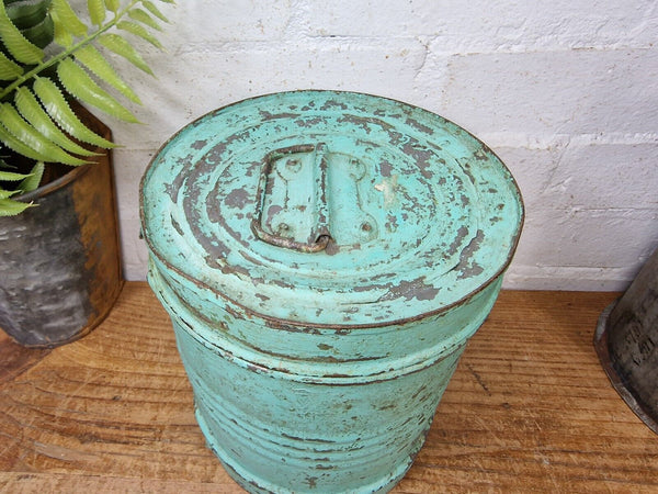 Vintage Indian Industrial Galvanised Metal Rice Grain Storage Drum Bin Cannister