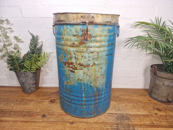 Vintage Indian Industrial Galvanised Metal Rice Grain Storage Drum Bin Cannister