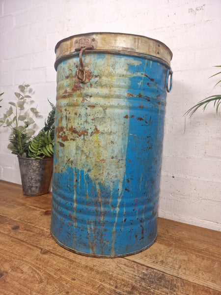 Vintage Indian Industrial Galvanised Metal Rice Grain Storage Drum Bin Cannister