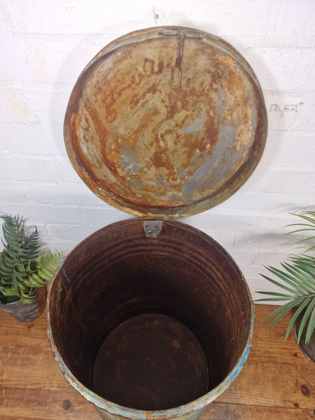 Vintage Indian Industrial Galvanised Metal Rice Grain Storage Drum Bin Cannister