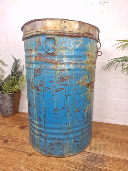 Vintage Indian Industrial Galvanised Metal Rice Grain Storage Drum Bin Cannister