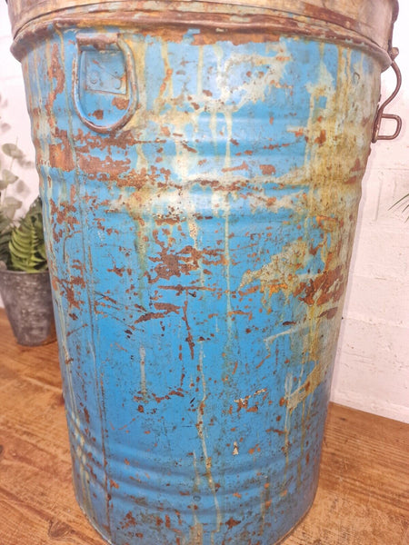 Vintage Indian Industrial Galvanised Metal Rice Grain Storage Drum Bin Cannister