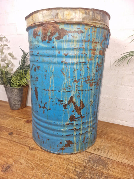 Vintage Indian Industrial Galvanised Metal Rice Grain Storage Drum Bin Cannister