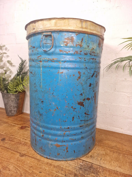 Vintage Indian Industrial Galvanised Metal Rice Grain Storage Drum Bin Cannister