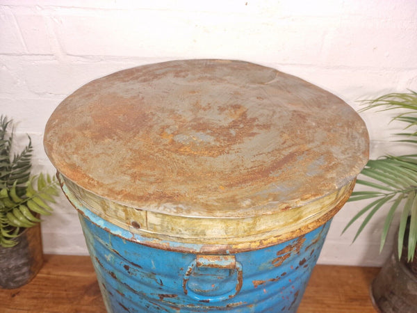 Vintage Indian Industrial Galvanised Metal Rice Grain Storage Drum Bin Cannister