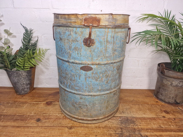 Vintage Indian Industrial Galvanised Metal Rice Grain Storage Drum Bin Cannister