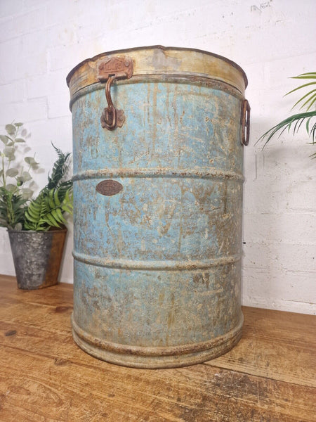 Vintage Indian Industrial Galvanised Metal Rice Grain Storage Drum Bin Cannister