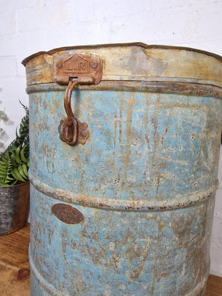 Vintage Indian Industrial Galvanised Metal Rice Grain Storage Drum Bin Cannister