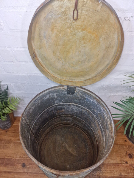 Vintage Indian Industrial Galvanised Metal Rice Grain Storage Drum Bin Cannister