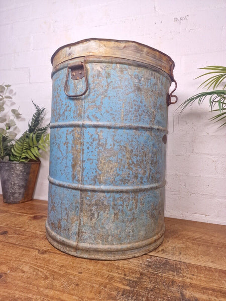 Vintage Indian Industrial Galvanised Metal Rice Grain Storage Drum Bin Cannister