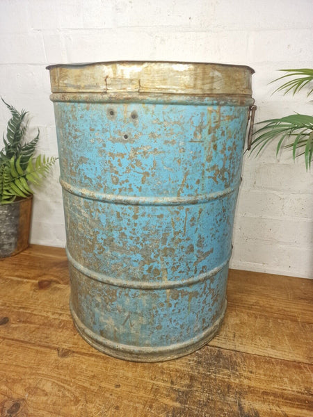 Vintage Indian Industrial Galvanised Metal Rice Grain Storage Drum Bin Cannister