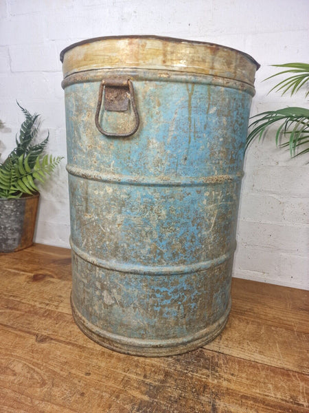 Vintage Indian Industrial Galvanised Metal Rice Grain Storage Drum Bin Cannister