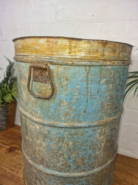 Vintage Indian Industrial Galvanised Metal Rice Grain Storage Drum Bin Cannister