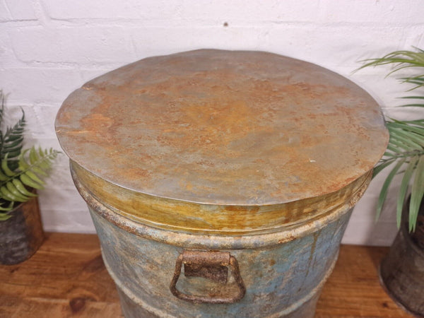 Vintage Indian Industrial Galvanised Metal Rice Grain Storage Drum Bin Cannister