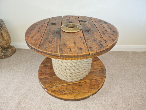 Reclaimed Rustic Wooden Cable Drum With Rope and Brass Ashtray Coffee table