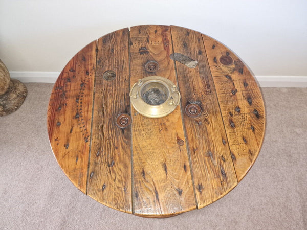 Reclaimed Rustic Wooden Cable Drum With Rope and Brass Ashtray Coffee table