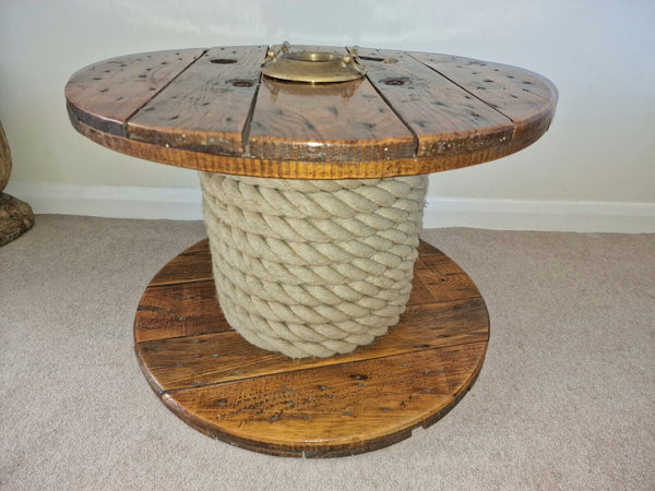 Reclaimed Rustic Wooden Cable Drum With Rope and Brass Ashtray Coffee table