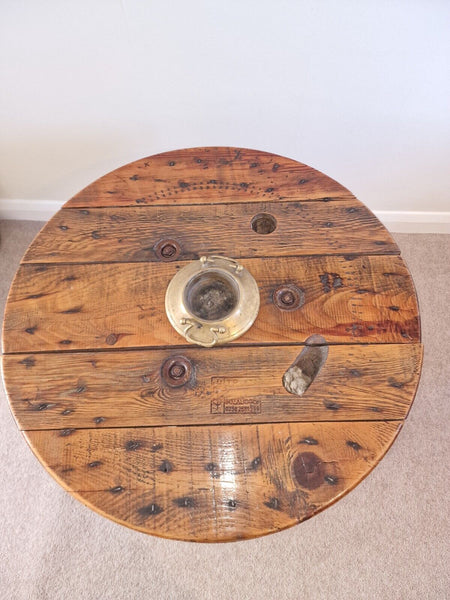 Reclaimed Rustic Wooden Cable Drum With Rope and Brass Ashtray Coffee table