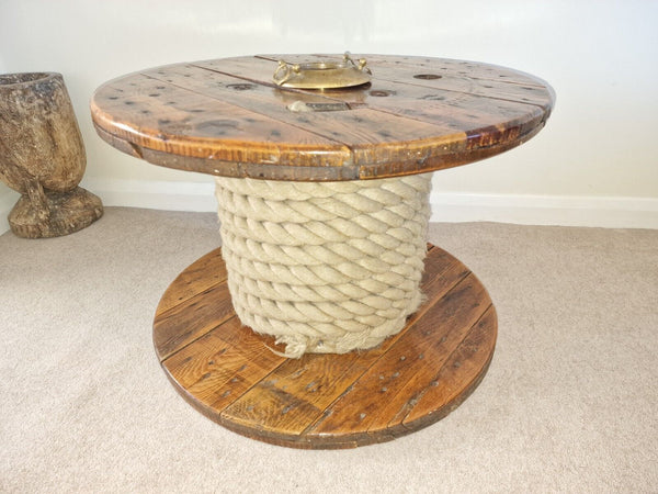 Reclaimed Rustic Wooden Cable Drum With Rope and Brass Ashtray Coffee table