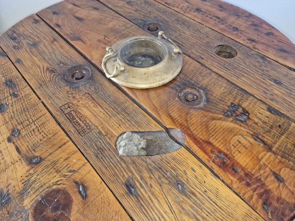 Reclaimed Rustic Wooden Cable Drum With Rope and Brass Ashtray Coffee table