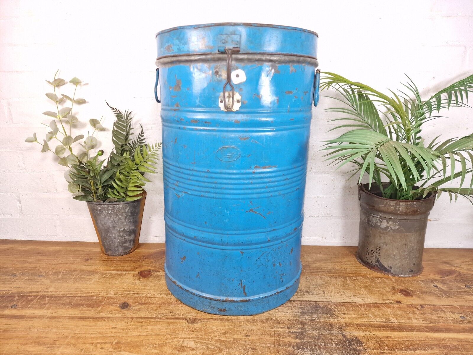 Vintage Indian Industrial Galvanised Metal Rice Grain Storage Drum Bin Cannister