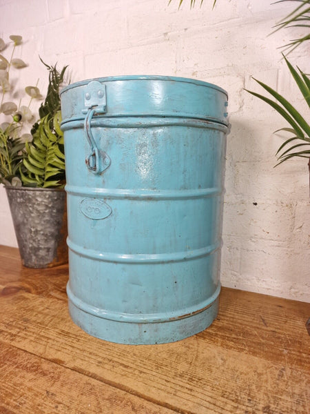 Vintage Indian Industrial Galvanised Metal Rice Grain Storage Drum Bin Cannister