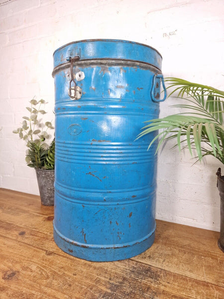 Vintage Indian Industrial Galvanised Metal Rice Grain Storage Drum Bin Cannister