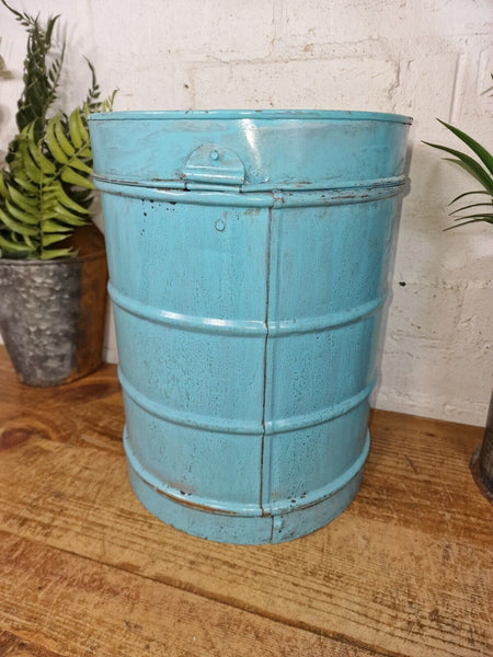 Vintage Indian Industrial Galvanised Metal Rice Grain Storage Drum Bin Cannister