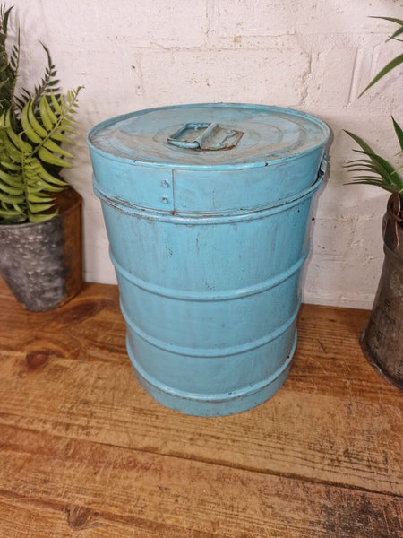 Vintage Indian Industrial Galvanised Metal Rice Grain Storage Drum Bin Cannister