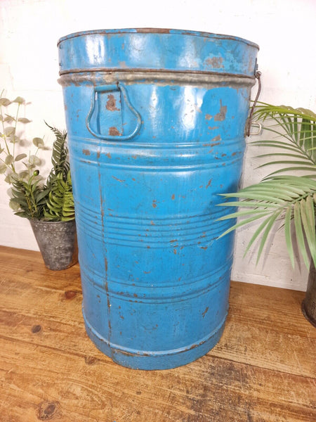 Vintage Indian Industrial Galvanised Metal Rice Grain Storage Drum Bin Cannister