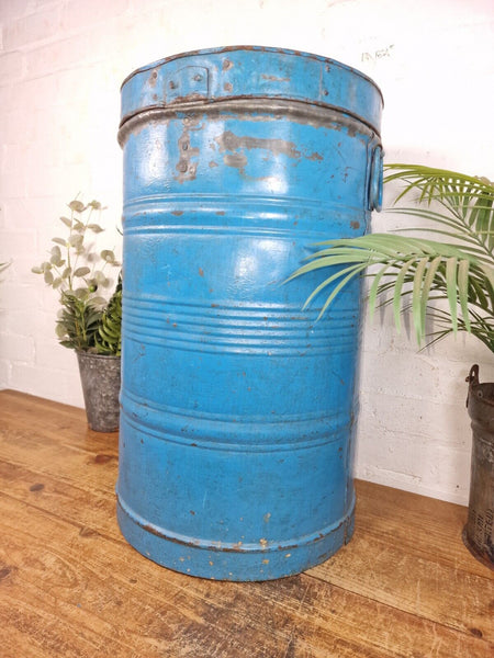 Vintage Indian Industrial Galvanised Metal Rice Grain Storage Drum Bin Cannister