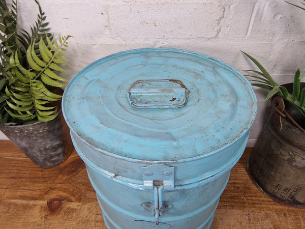 Vintage Indian Industrial Galvanised Metal Rice Grain Storage Drum Bin Cannister