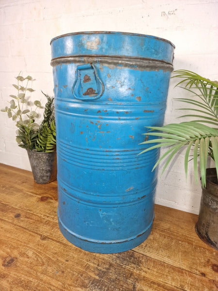 Vintage Indian Industrial Galvanised Metal Rice Grain Storage Drum Bin Cannister