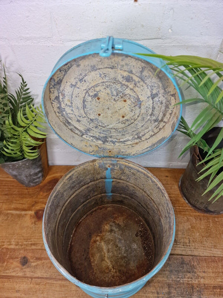 Vintage Indian Industrial Galvanised Metal Rice Grain Storage Drum Bin Cannister