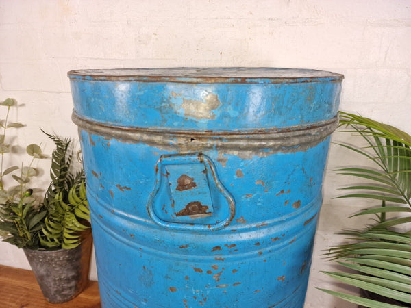 Vintage Indian Industrial Galvanised Metal Rice Grain Storage Drum Bin Cannister