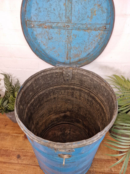 Vintage Indian Industrial Galvanised Metal Rice Grain Storage Drum Bin Cannister