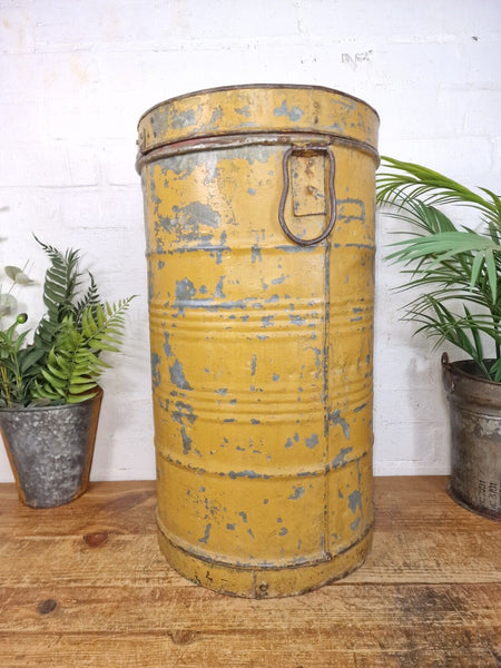 Vintage Indian Industrial Galvanised Metal Rice Grain Storage Drum Bin Cannister